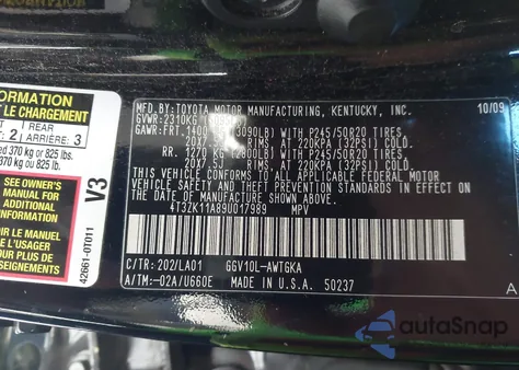 2009 Toyota Venza Base V6 z USA, uszkodzony, nr VIN 4T3ZK11A89U017989